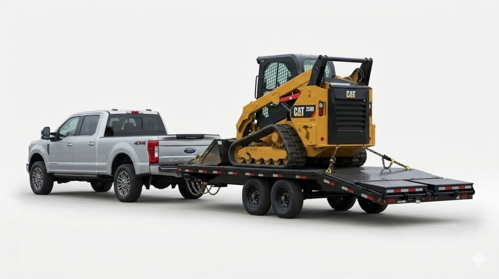 a vehicles towing a deckover trailer