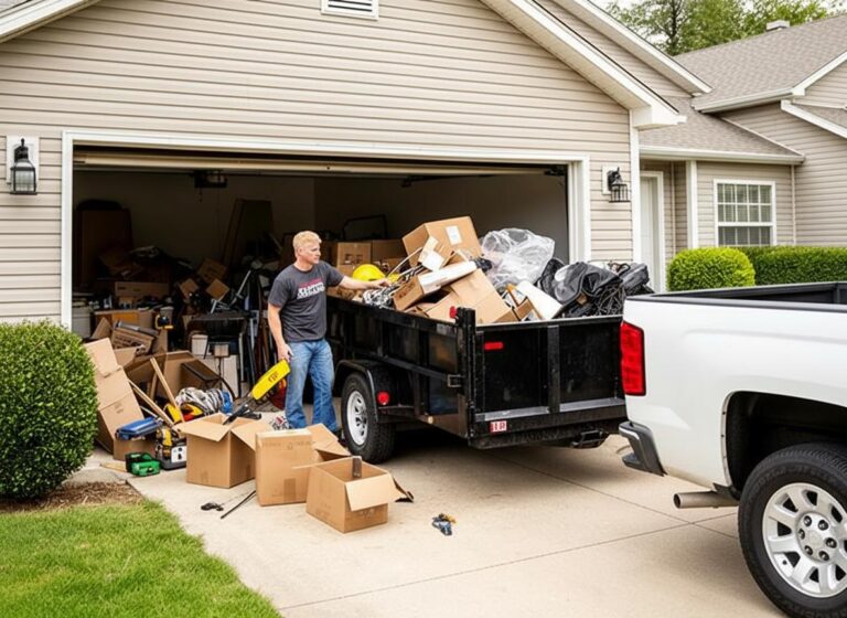 A dump trailer filled with old furniture, mattresses, boxes, and household clutter.