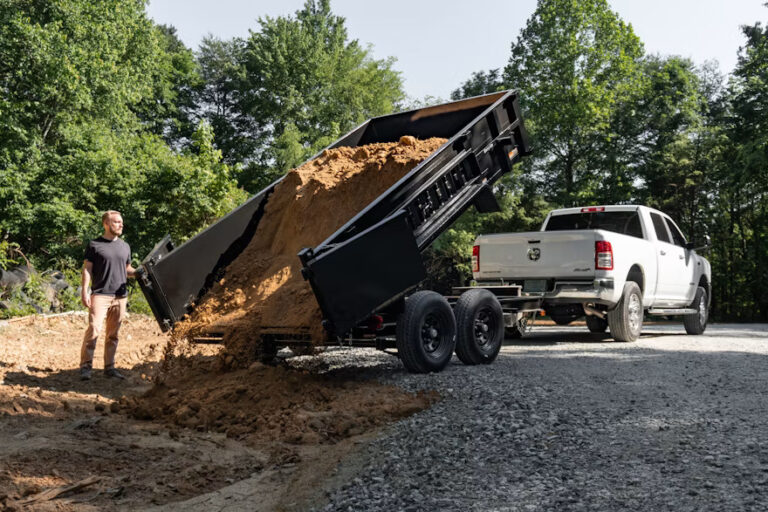 fill dirt and soil unloading a dump trailer